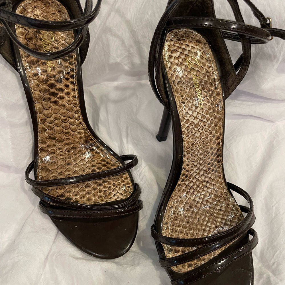 Delicious Brown Strappy Heels with Snakeskin Insole